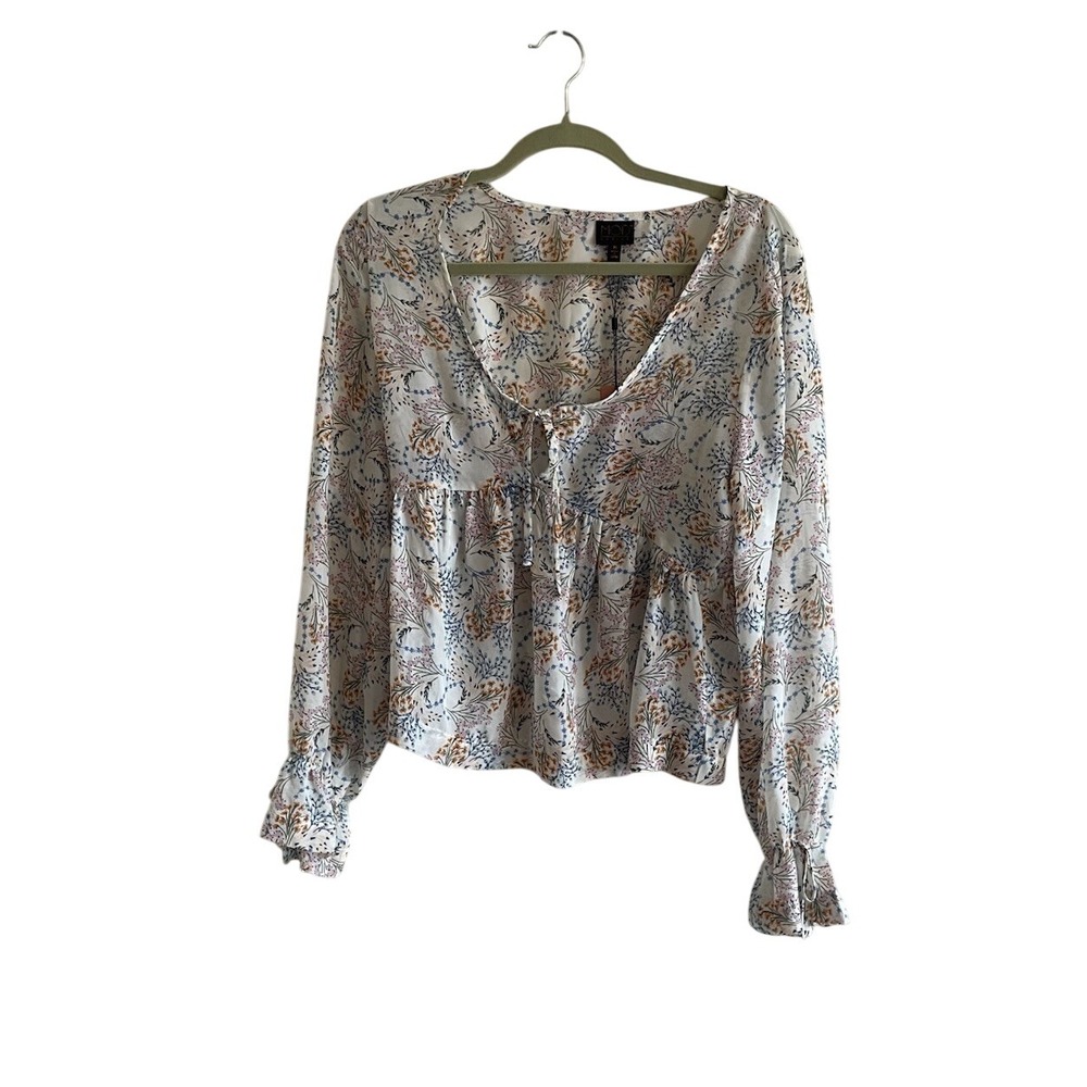 Mod Lusive Top Size Medium Peach Blue Floral Printed Tie‎ Neck Blouse Feminine